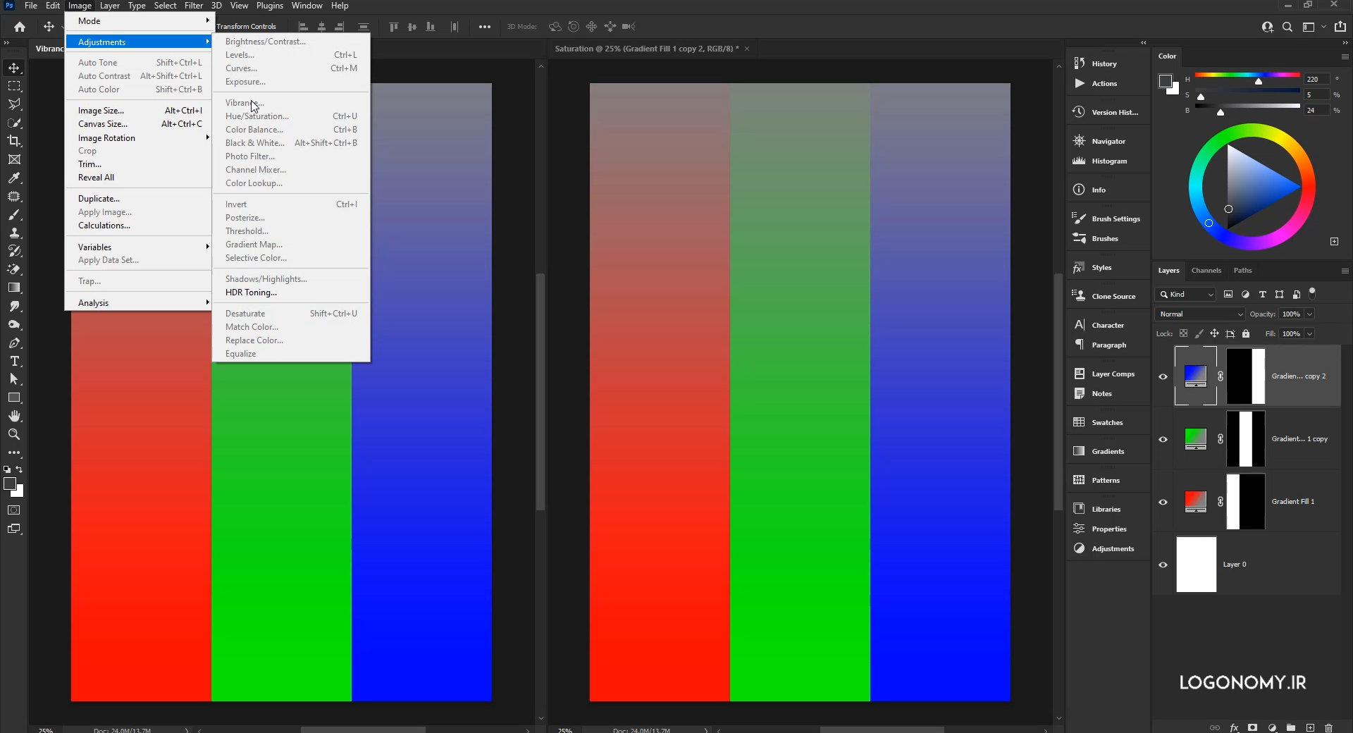 اصلاح رنگ و نور تصویر در برنامه فوتوشاپ با فرمان Vibrance و Saturation